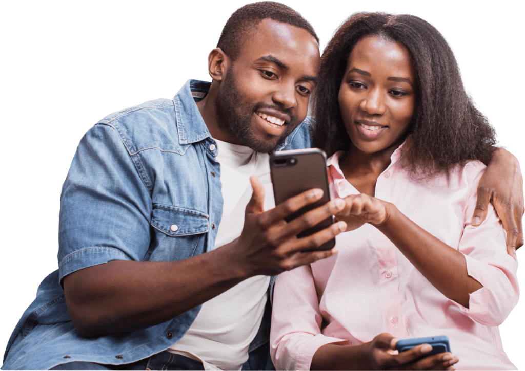 A man and woman smiling while using website for TheraLeaf online process