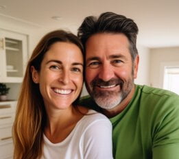 A man and woman posing for a photo in the kitchen.