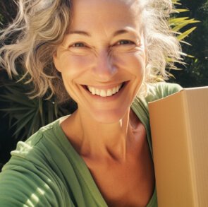 A cheerful middle-aged woman with curly gray hair, smiling at the camera, holding a book, with sunlit foliage in the background.